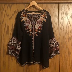 John Mark Tunic Top - black & animal print - embroidered FRONT & BACK